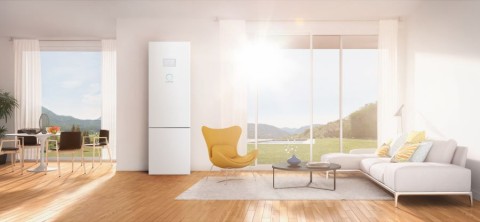 A home’s living room and dining area with sunlight streaming through the windows. An Eco Gen 3.1 solar battery sits against the wall.
