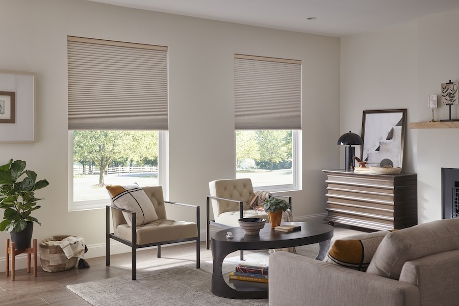 A living room in the afternoon with Lutron motorized shades drawn halfway down.