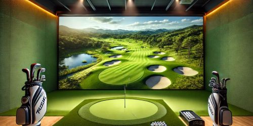 A digital golf simulator view showing a golf course with player metrics and controls.