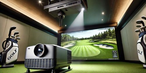 A golf simulator setup featuring a powerful projector and detailed golf course visuals.